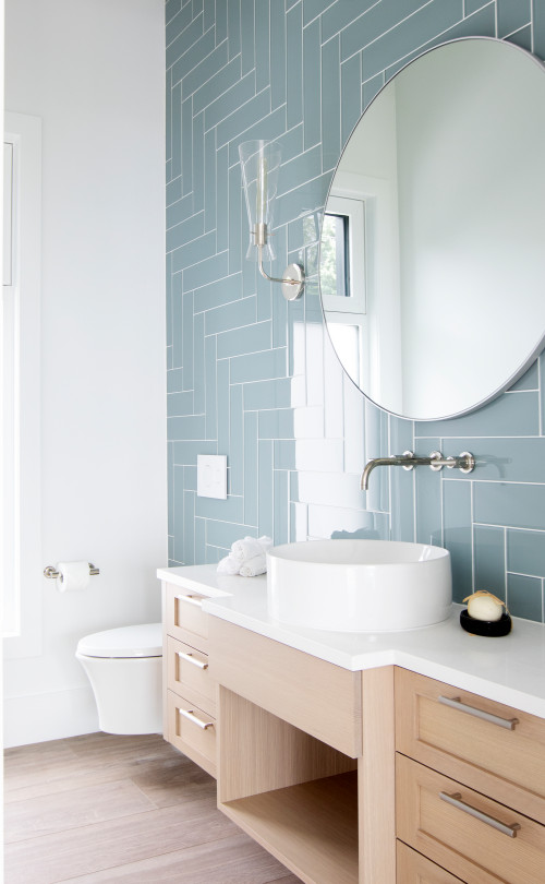 Beachy Vibes: Wood Vanity and Blue Glass Tiles