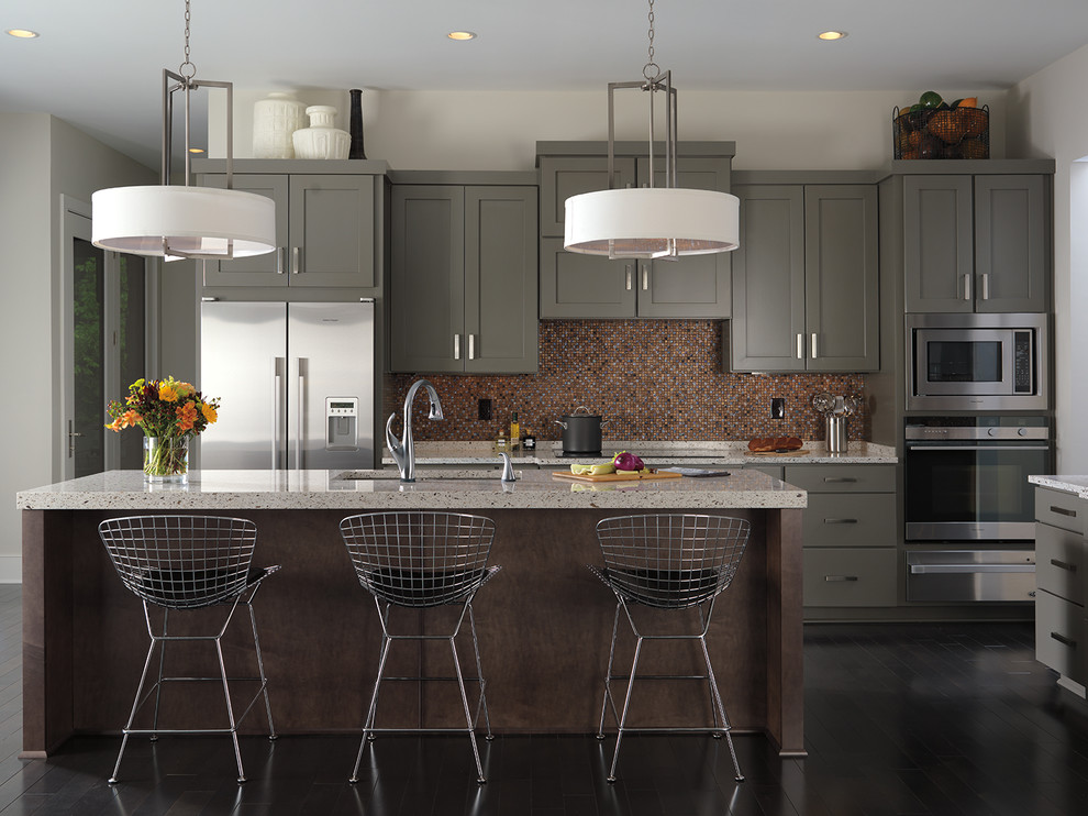 Example of a large transitional dark wood floor and brown floor eat-in kitchen design in Indianapolis with gray cabinets, multicolored backsplash, mosaic tile backsplash, stainless steel appliances and an island