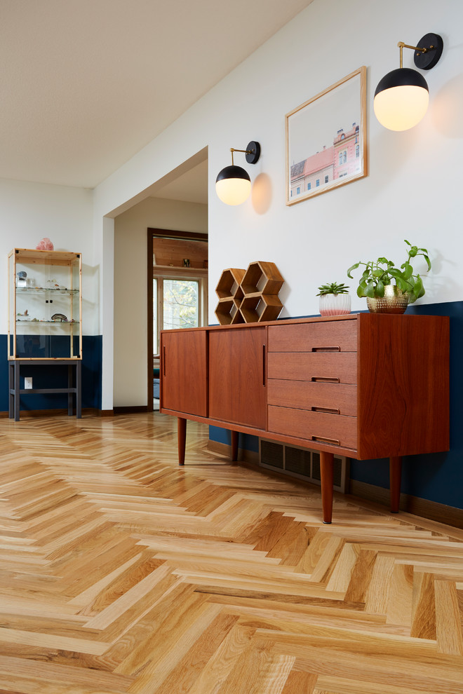 White Oak Herringbone Flooring Midcentury Living Room Minneapolis