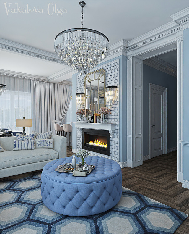 Интерьер  кухни-гостиной  в доме с панорамными  окнами.