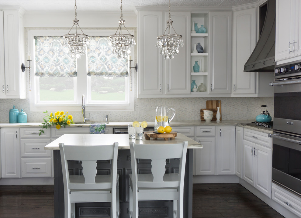 Enclosed kitchen - mid-sized transitional u-shaped dark wood floor and brown floor enclosed kitchen idea in Chicago with a drop-in sink, raised-panel cabinets, white cabinets, marble countertops, white backsplash, marble backsplash, stainless steel appliances, an island and white countertops