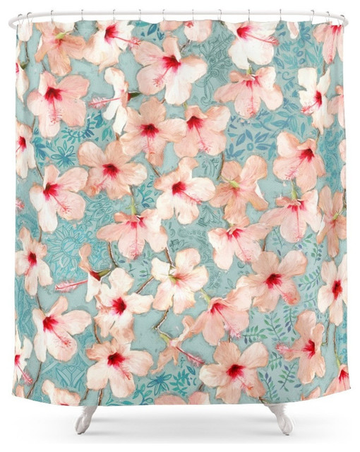 Shabby Chic Hibiscus Patchwork Pattern In Peach And Mint Shower Curtain
