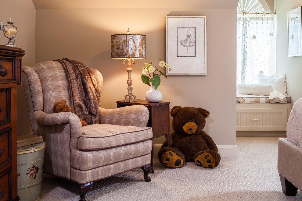 Inspiration for a large timeless guest carpeted bedroom remodel with white walls and no fireplace