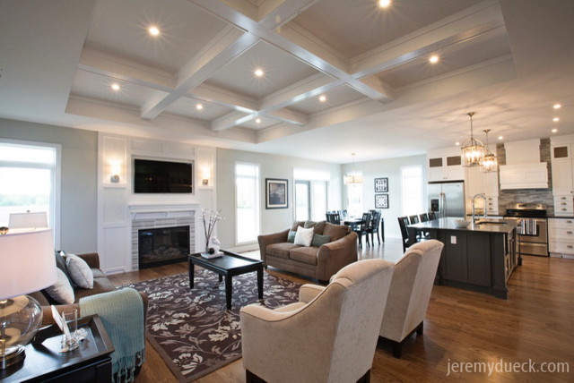 Classic Great Room With Coffered Ceiling Contemporary Living