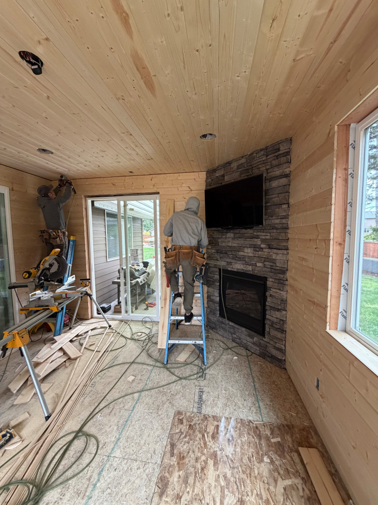 New tongue and groove pine and light fixtures