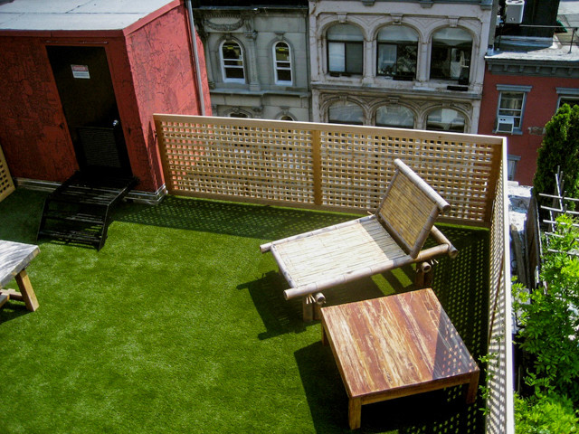 This is an example of a mid-sized tropical rooftop partial sun xeriscape in Toronto.