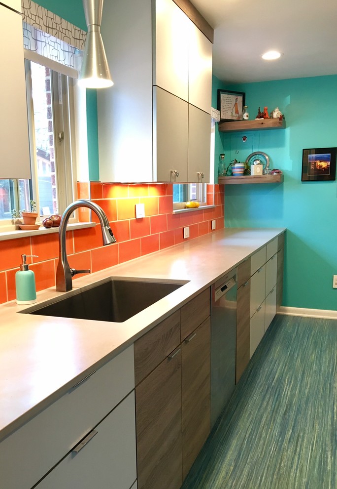 Inspiration for a small midcentury galley separate kitchen in Other with a single-bowl sink, flat-panel cabinets, grey cabinets, quartz benchtops, orange splashback, ceramic splashback, stainless steel appliances, linoleum floors, no island and turquoise floor.