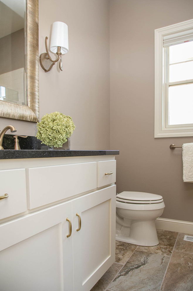 Example of a transitional master ceramic tile bathroom design in Minneapolis with shaker cabinets, white cabinets, gray walls, an undermount sink and granite countertops