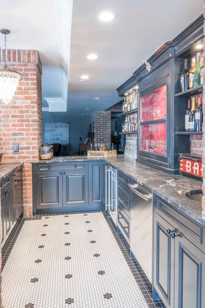 This is an example of a mid-sized u-shaped wet bar in Calgary with shaker cabinets, black cabinets, marble benchtops, red splashback, brick splashback, ceramic floors and multi-coloured floor.