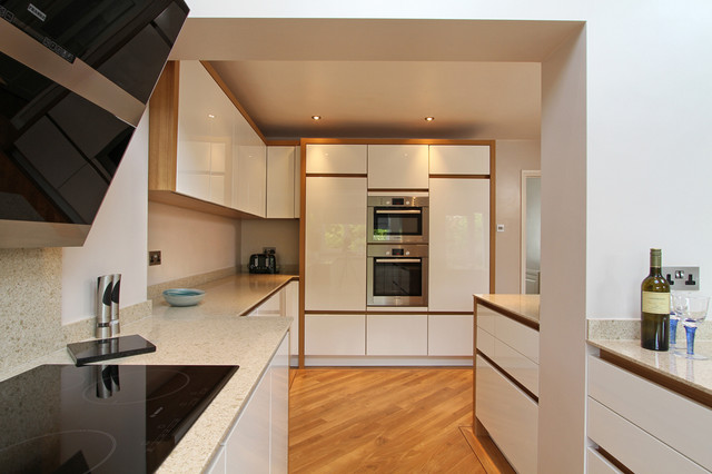 White High Gloss German Kitchen with Oak Panels - Modern - Kitchen ...