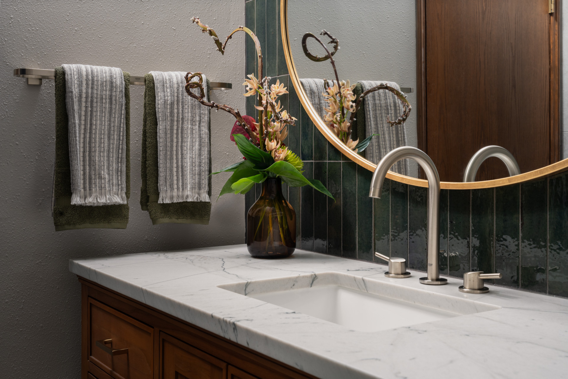 Tiger Mountain Guest Bath Detail with Green Porcelain Tile & Quartzite Counterto