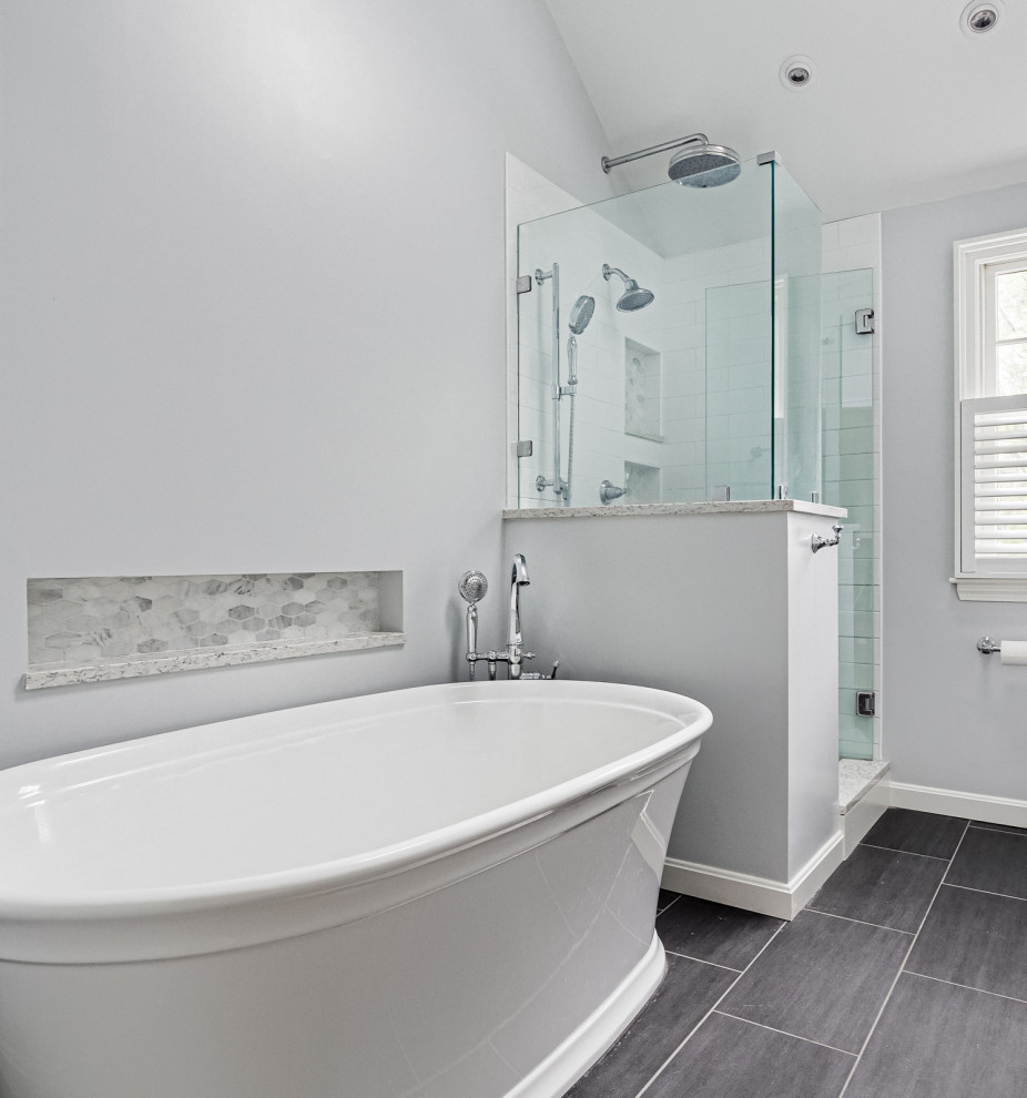 Mid-sized elegant master white tile and marble tile ceramic tile and double-sink bathroom photo in Boston with furniture-like cabinets, gray cabinets, quartz countertops, white countertops and a built-in vanity