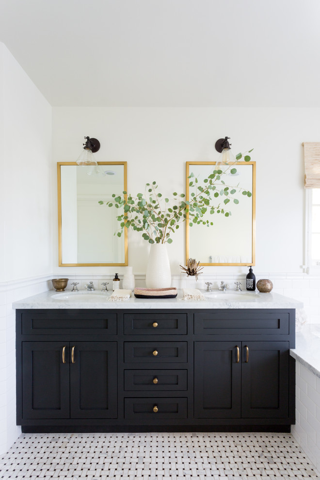 Design ideas for a transitional master bathroom in Los Angeles with shaker cabinets, black cabinets, white walls, an undermount sink, multi-coloured floor and grey benchtops.
