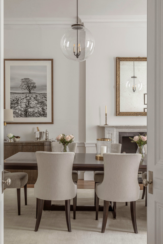 Enclosed dining room - large transitional medium tone wood floor and brown floor enclosed dining room idea in London with white walls, a standard fireplace and a stone fireplace