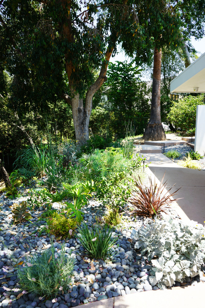 Großer, Halbschattiger Retro Garten im Frühling, hinter dem Haus mit Blumenbeet und Flusssteinen in Los Angeles
