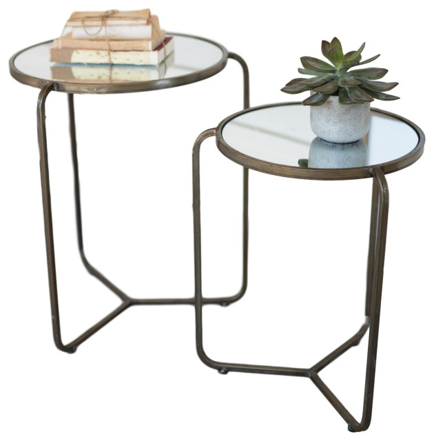 Rustic Round Mirror Top Metal Side Table 2Piece Set Industrial
