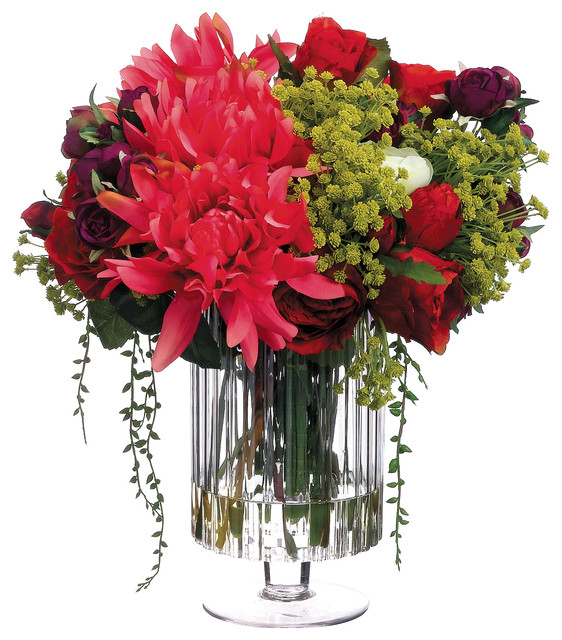 Lifelike Dahlias, Roses & Ranunculi Floral Arrangement in Water Garden