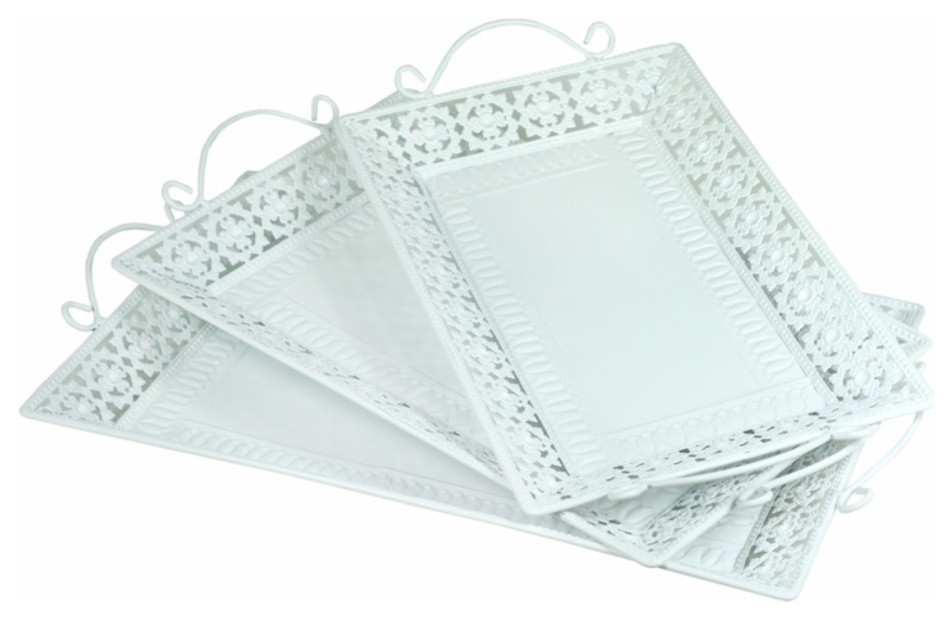 Decorative Metal Tray With Handle, Set Of 3, White Mediterranean