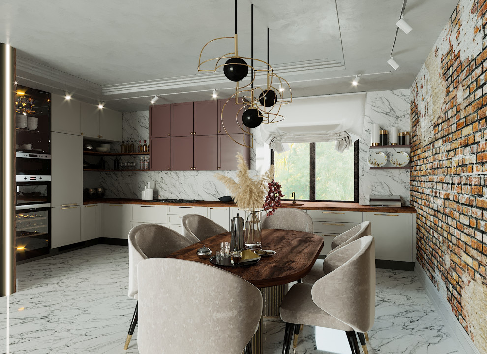 Интерьер кухни-столовой-гостиной в коттедже Дом с двумя соснами