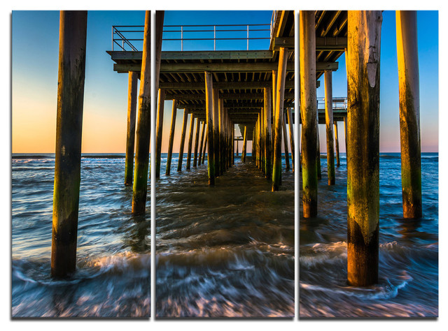 Fishing Pier And Waves At Atlantic Sea Metal Wall Art 3 Panels