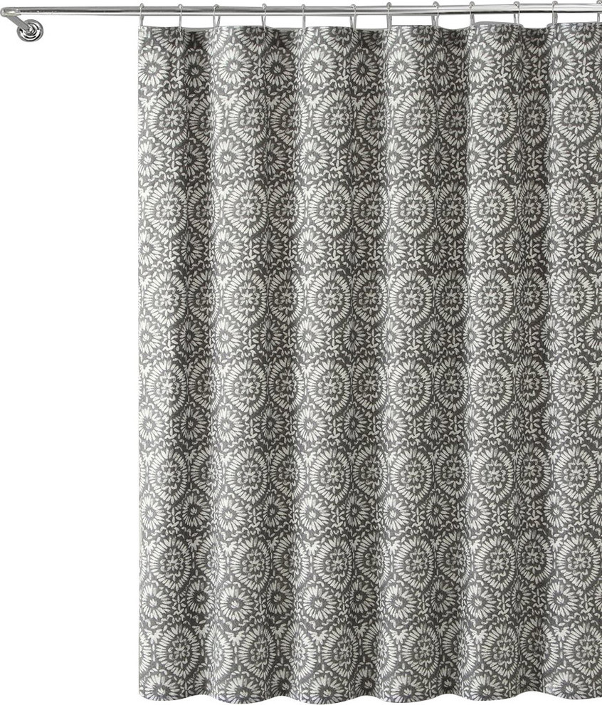 Gray White IKAT Floral Geometric 100% Cotton Fabric Shower Curtain