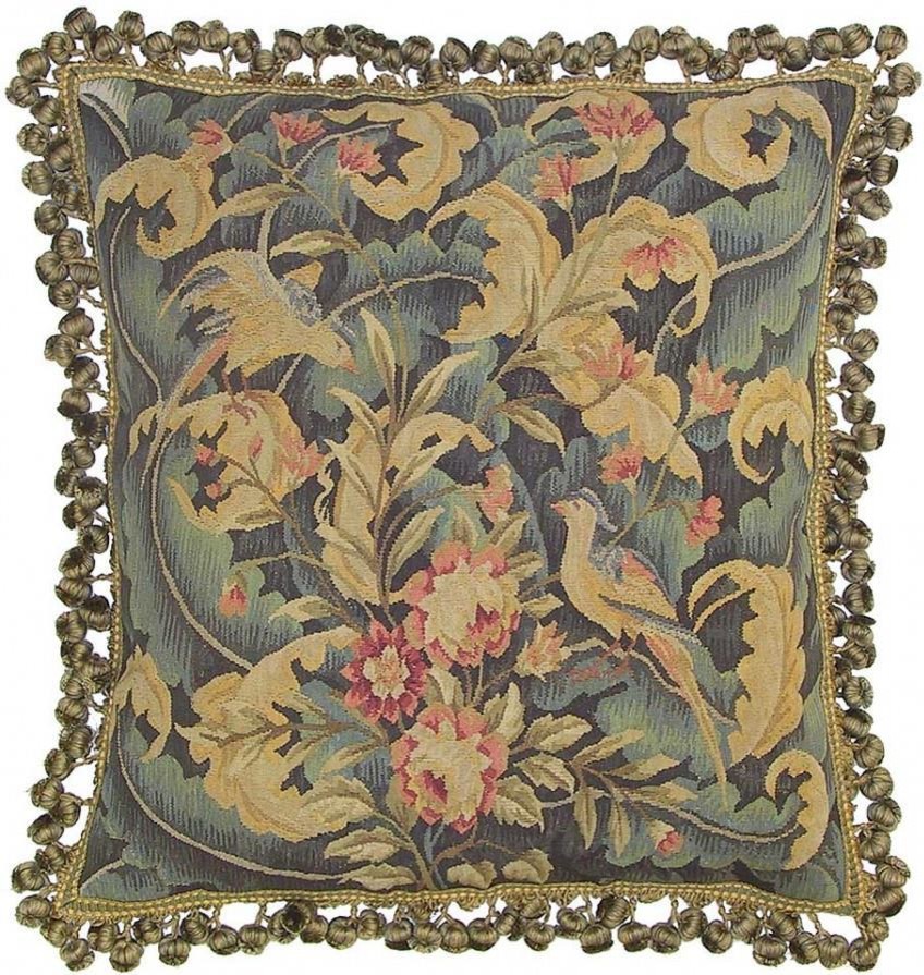 Aubusson Throw Pillow Handwoven 22"x22" Yellow/Blue Birds Pink