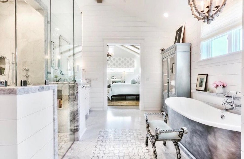 Inspiration for a large country master bathroom in Tampa with white cabinets, a freestanding tub, a double shower, white tile, marble, white walls, marble floors, marble benchtops, white floor and a hinged shower door.