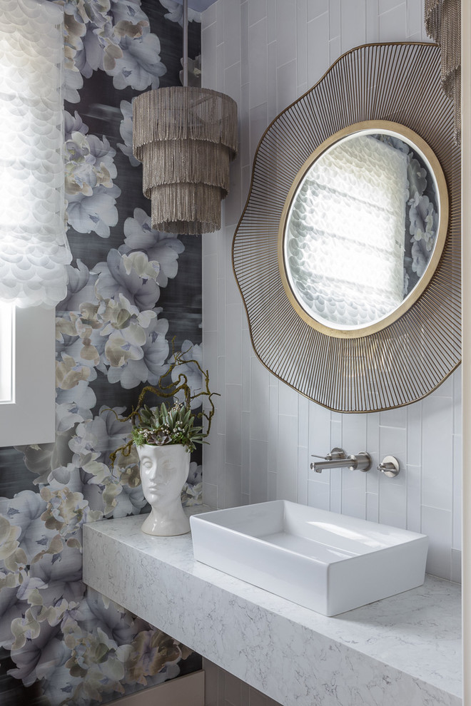 Inspiration for a mid-sized contemporary white tile and glass tile powder room remodel in San Francisco with a vessel sink, quartz countertops, white countertops and multicolored walls