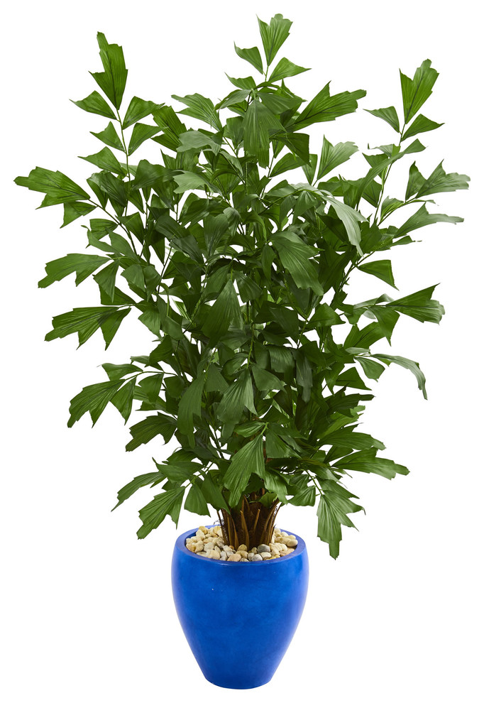 Nearly Natural 5' Fishtail Palm Artificial Tree in Glazed Blue Planter