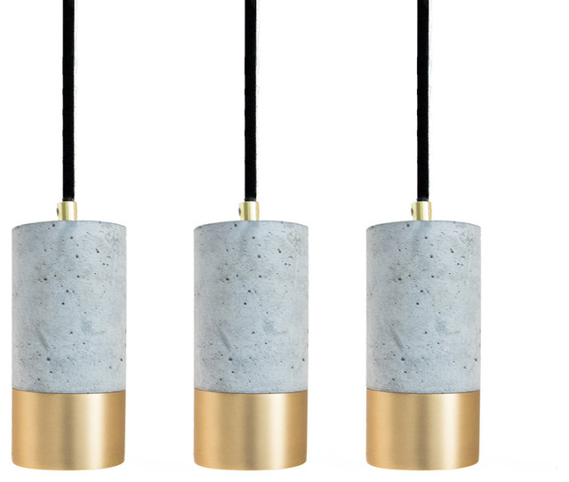 Light Concrete and Brushed Brass Pendant Lights, Set of 3