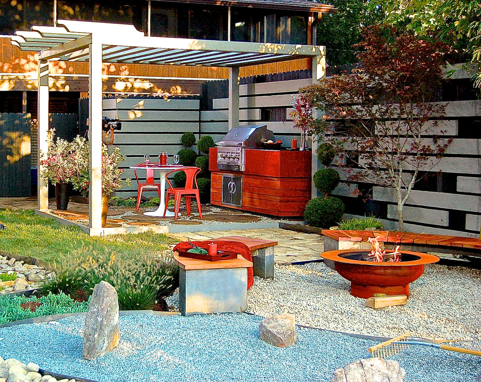 Design ideas for a mid-sized asian backyard patio in Nashville with a fire feature, gravel and a pergola.