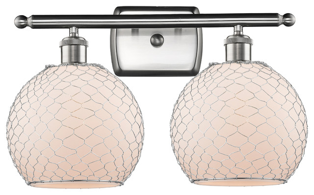 Farmhouse 2-Light Bath Vanity-Light, Brushed Satin, White Glass With Nickel Wire