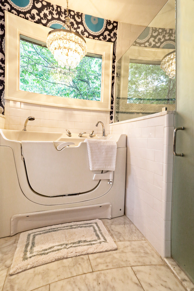 Mid-sized transitional master bathroom in Atlanta with shaker cabinets, white cabinets, an alcove tub, a curbless shower, a two-piece toilet, white tile, stone tile, multi-coloured walls, marble floors, an integrated sink, terrazzo benchtops, grey floor and a hinged shower door.