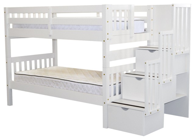 Bedz King Bunk Beds Twin Over Twin Stairway With 3 Step Drawers
