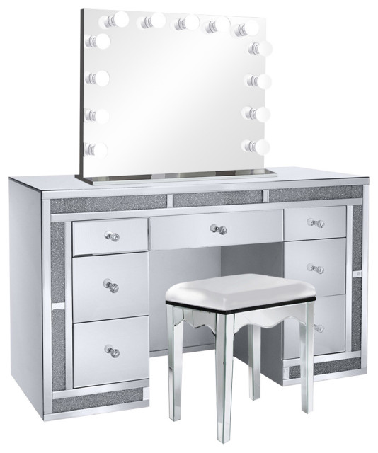 Glam Crystal Mirrored 7 Drawer Led, Black Mirrored Vanity Desk