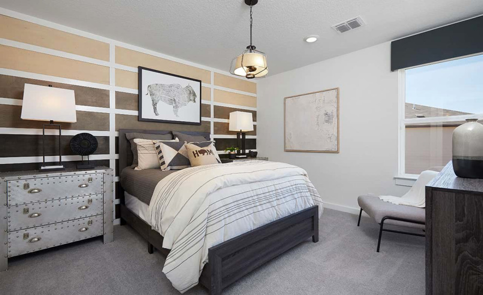 Design ideas for a contemporary guest bedroom in Other with white walls, carpet and grey floors.