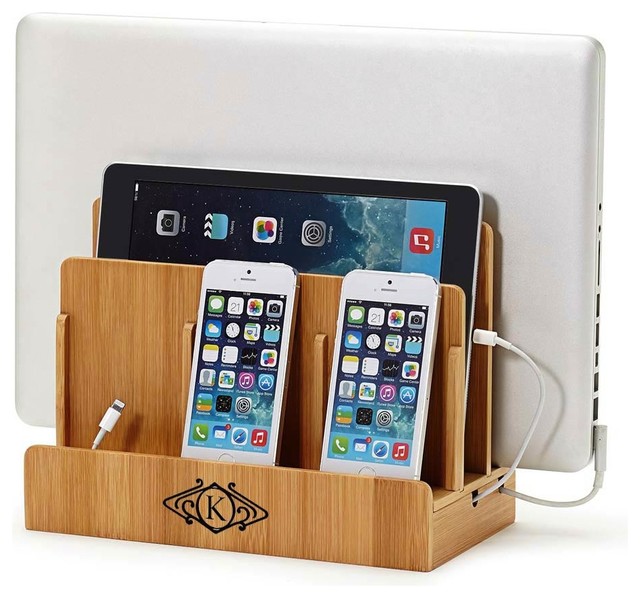 Monogrammed Multi-Device Charging Station and Dock, Art Deco, Bamboo, "D"