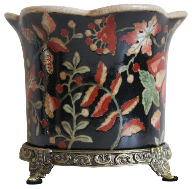 Chinoiserie Black Floral Porcelain Planter Orchid Pot Antiqued Brass