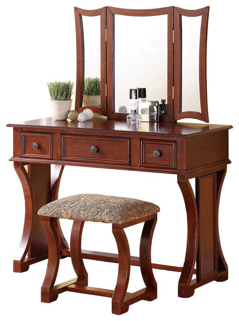 Poundex Wooden Makeup Vanity Set Desk, Mirror And Stool - Cherry, 43 W 