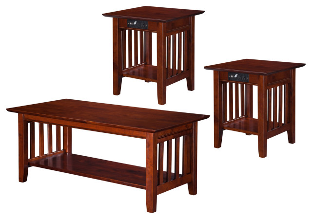 Mission 3-Piece Coffee Table Set With Charger, Walnut