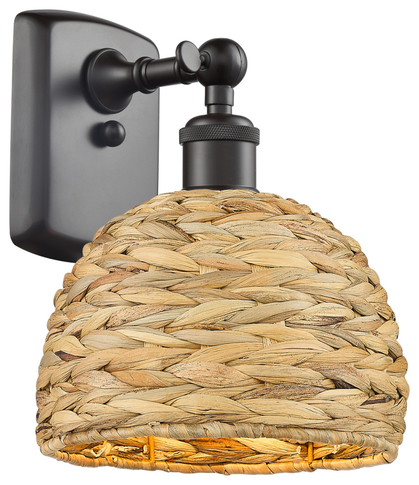 Woven Ratan 1 Light 8" Wall-mounted Sconce, Oiled Brass, Natural Rattan ...