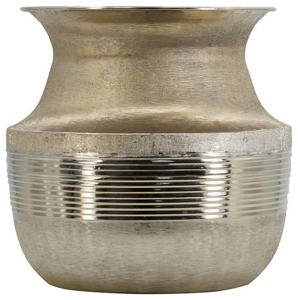 14" Decorative Aluminum Pot, Ribbed Details, Wide Mouth, Gold
