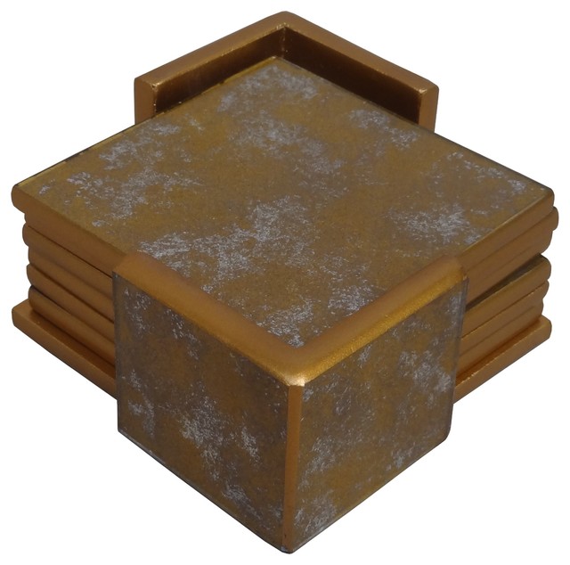 Reverse Painted Mirror Coasters in Antique Gold and Silver, Set of Six