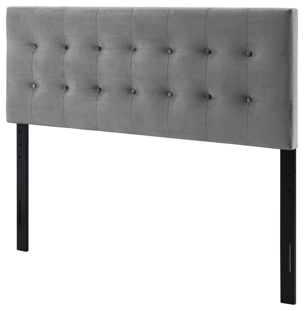 Contemporary Modern Full Size Tufted Headboard, Velvet Fabric, Grey