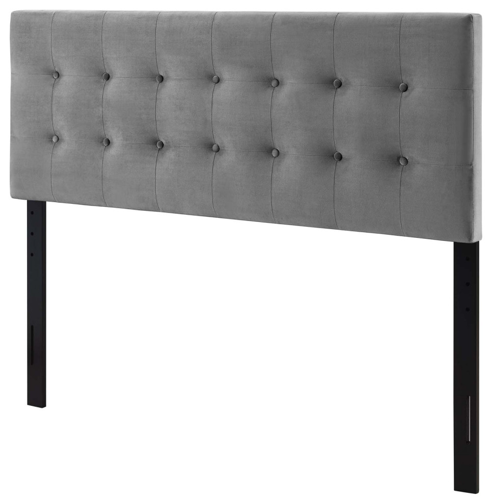 Contemporary Modern Full Size Tufted Headboard, Velvet Fabric, Grey Gray Transitional