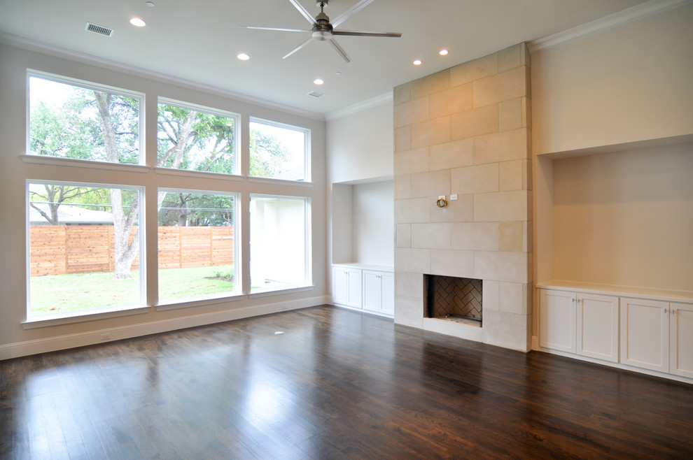 Large transitional family room in Dallas with dark hardwood floors.