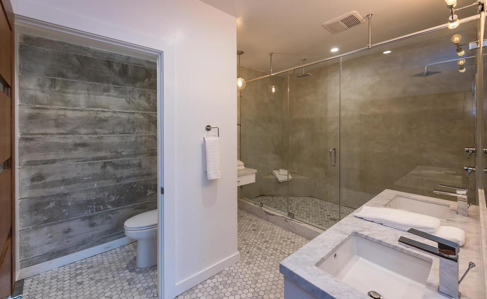 Large contemporary master bathroom in Los Angeles with flat-panel cabinets, white cabinets, a double shower, a one-piece toilet, gray tile, a drop-in sink, marble benchtops, white floor, a hinged shower door, cement tile, white walls, mosaic tile floors and turquoise benchtops.