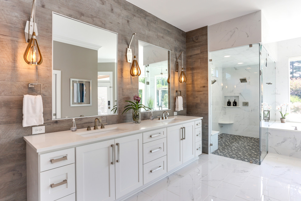 Design ideas for a transitional master bathroom in Raleigh with shaker cabinets, white cabinets, an alcove shower, wood-look tile, marble floors, an undermount sink, engineered quartz benchtops, multi-coloured floor, a hinged shower door, white benchtops, a niche, a shower seat, a double vanity and a built-in vanity.