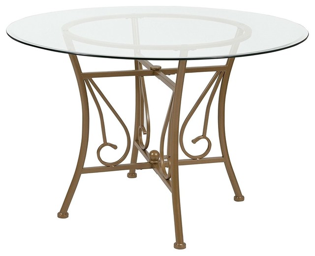 Contemporary 45 Inch Round Glass Top Dining Table With Matte Gold Metal Frame