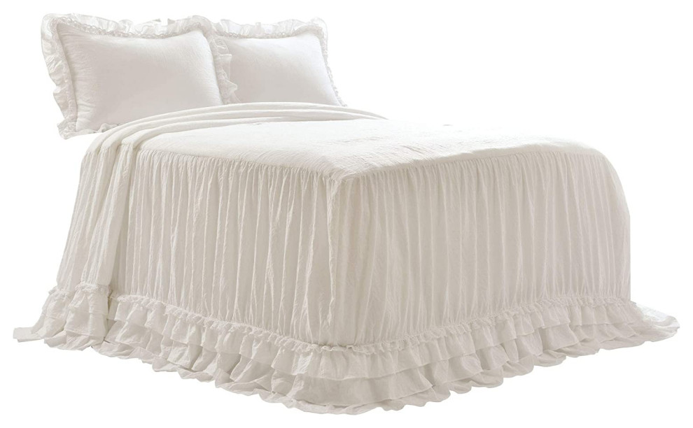 Ella Shabby Chic Ruffle Lace Bedspread White 3Pc Set Queen